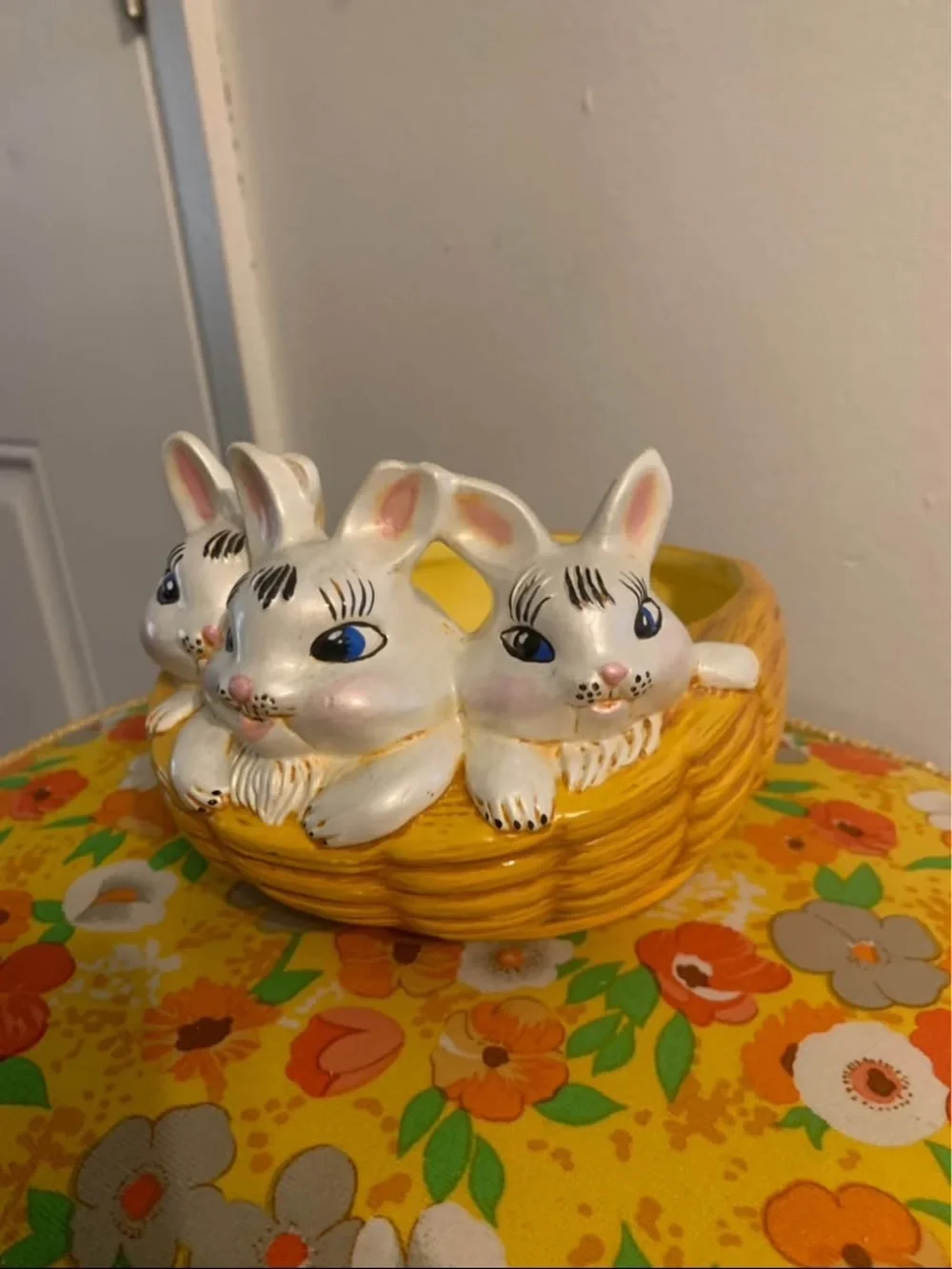 Vintage retro bunnies in basket planter/ bowl